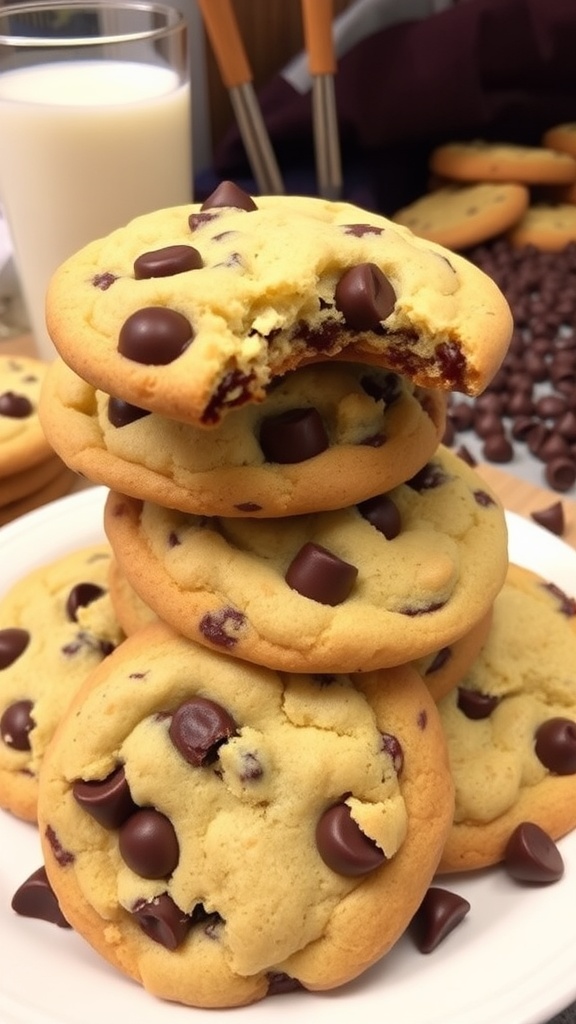 A stack of warm chocolate chip cookies on a plate, with melted chocolate chips and a glass of milk.